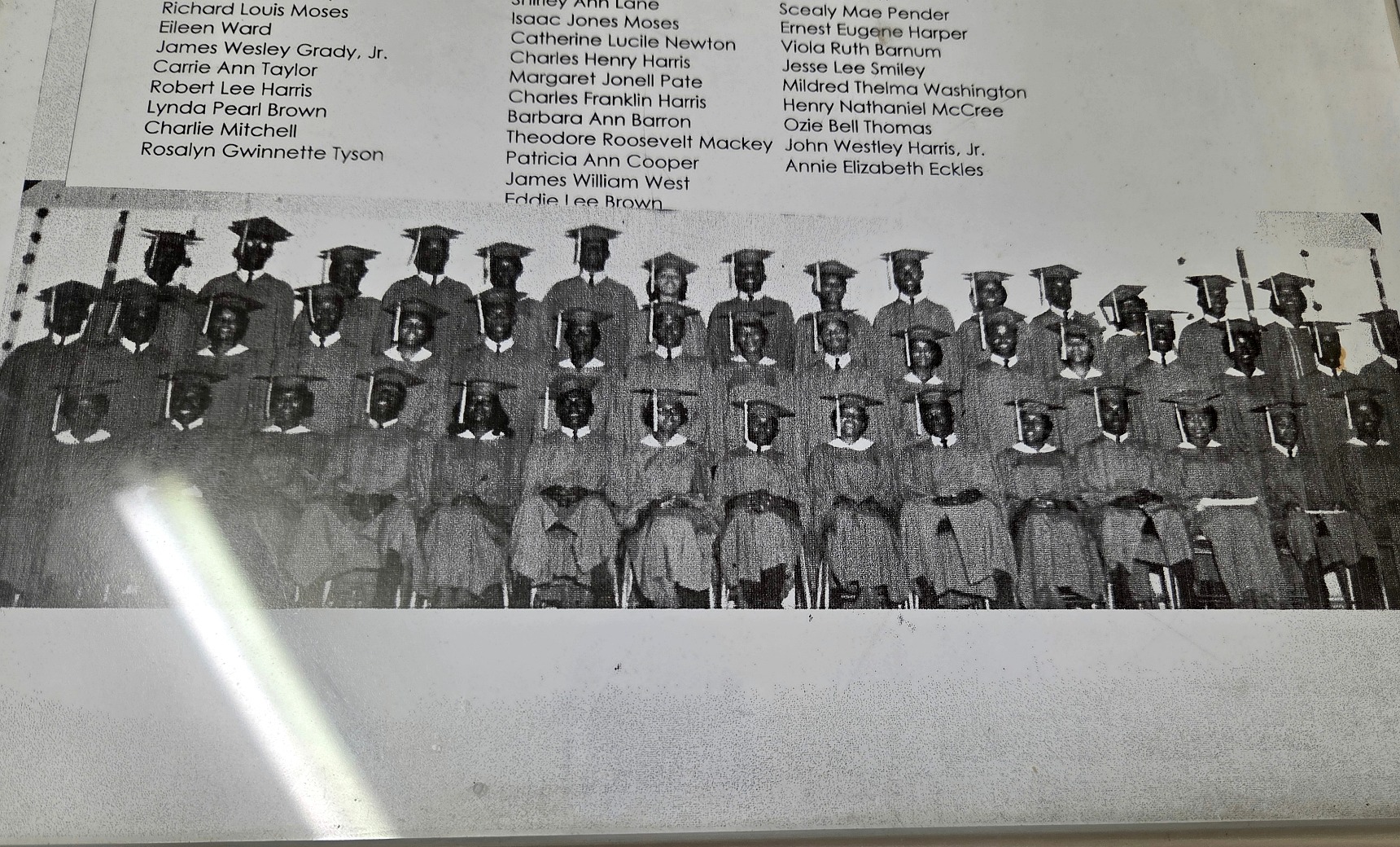 Framed archival class roster with graduation group photograph from Lee Street High School Class of 1965.